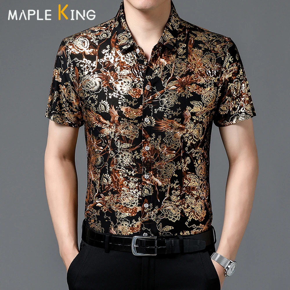 

Gold Bronzing Floral Printed Shirts for Men Clothing Camisas Social Masculina De Luxo Men's Summer Designer Business Dress Shirt