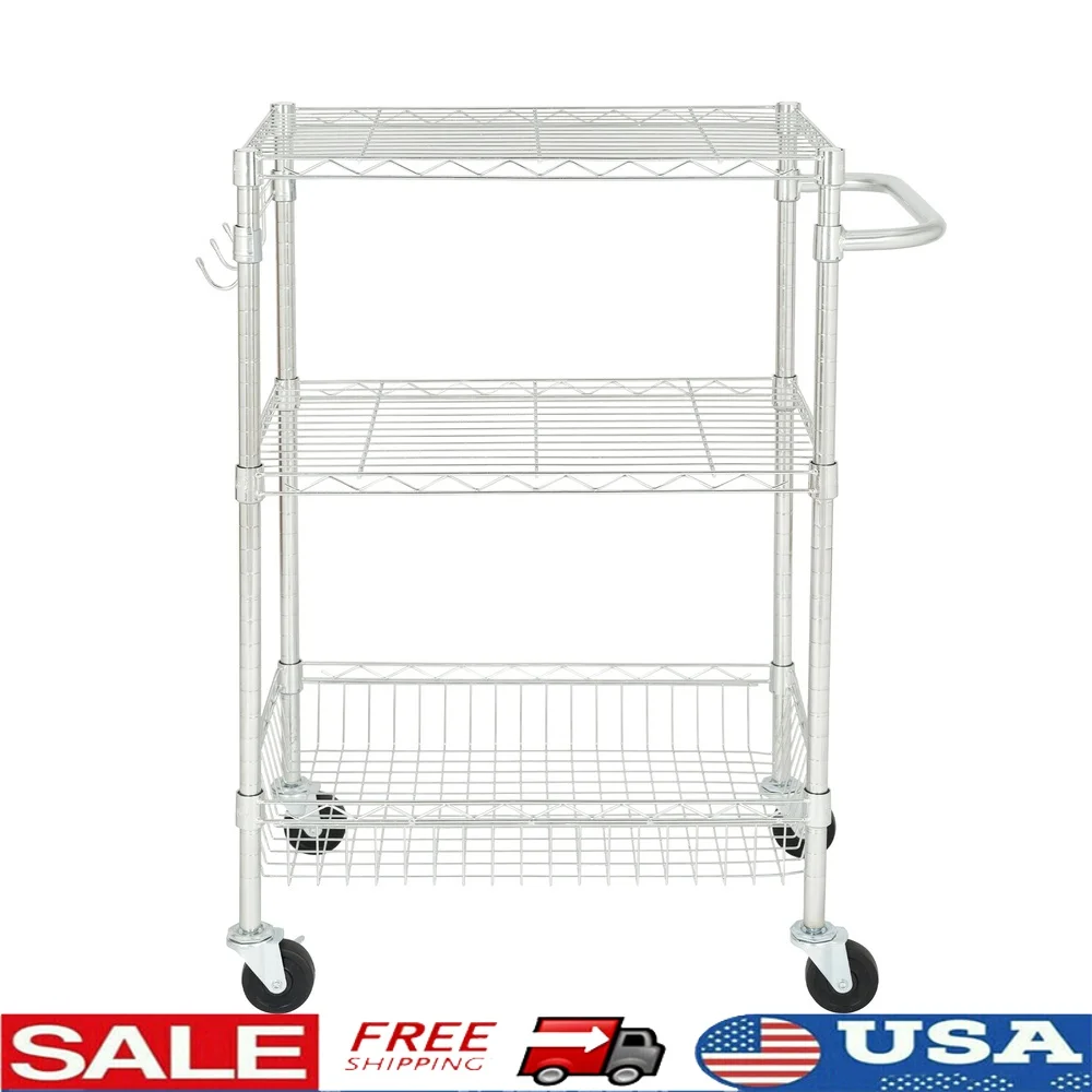 3-Tier Multipurpose Rolling Cart Adjustable Shelves Durable Steel Construction 495lbs Load Capacity NSF Certified Easy Mobility