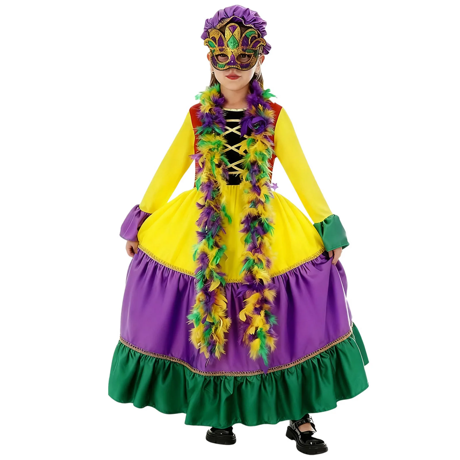 

Детский костюм для выступлений, карнавальное платье с большой юбкой для Хэллоуина, сценического шоу, маскарадное бальное платье с маской, боа из перьев