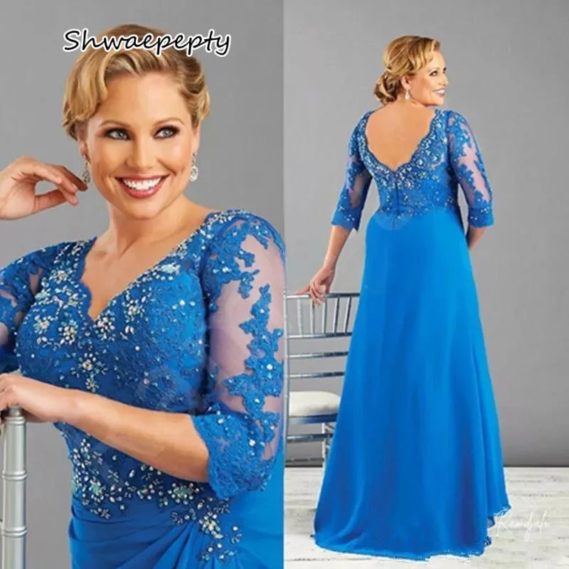 Elegante azul longo mãe da noiva vestido com decote em v rendas apliques frisado noivo mãe formal wear personalizado vestido de festa de casamento