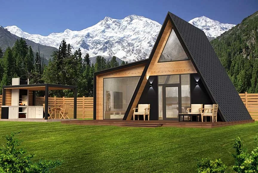 Casa de madera triangular de dos pisos con dormitorio y baño