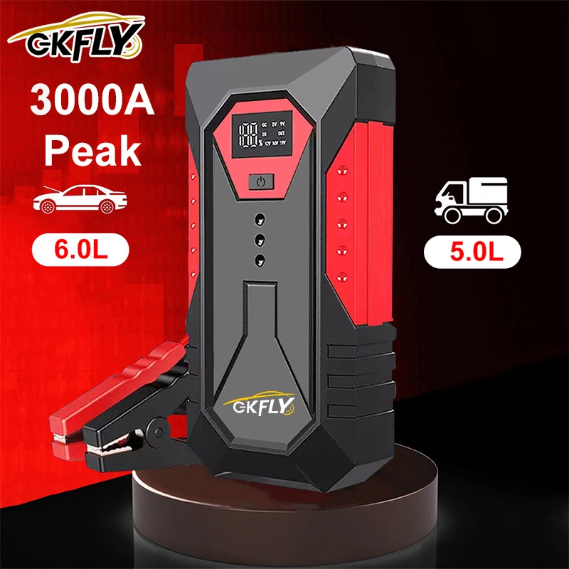 GKFLY Rozrusznik Samochodowy Przenośny Power Bank 3000A Booster Akumulatora Samochodowego 12V Urządzenie Rozruchowe do Silników Benzynowych i Diesla 6.0L/5.0L