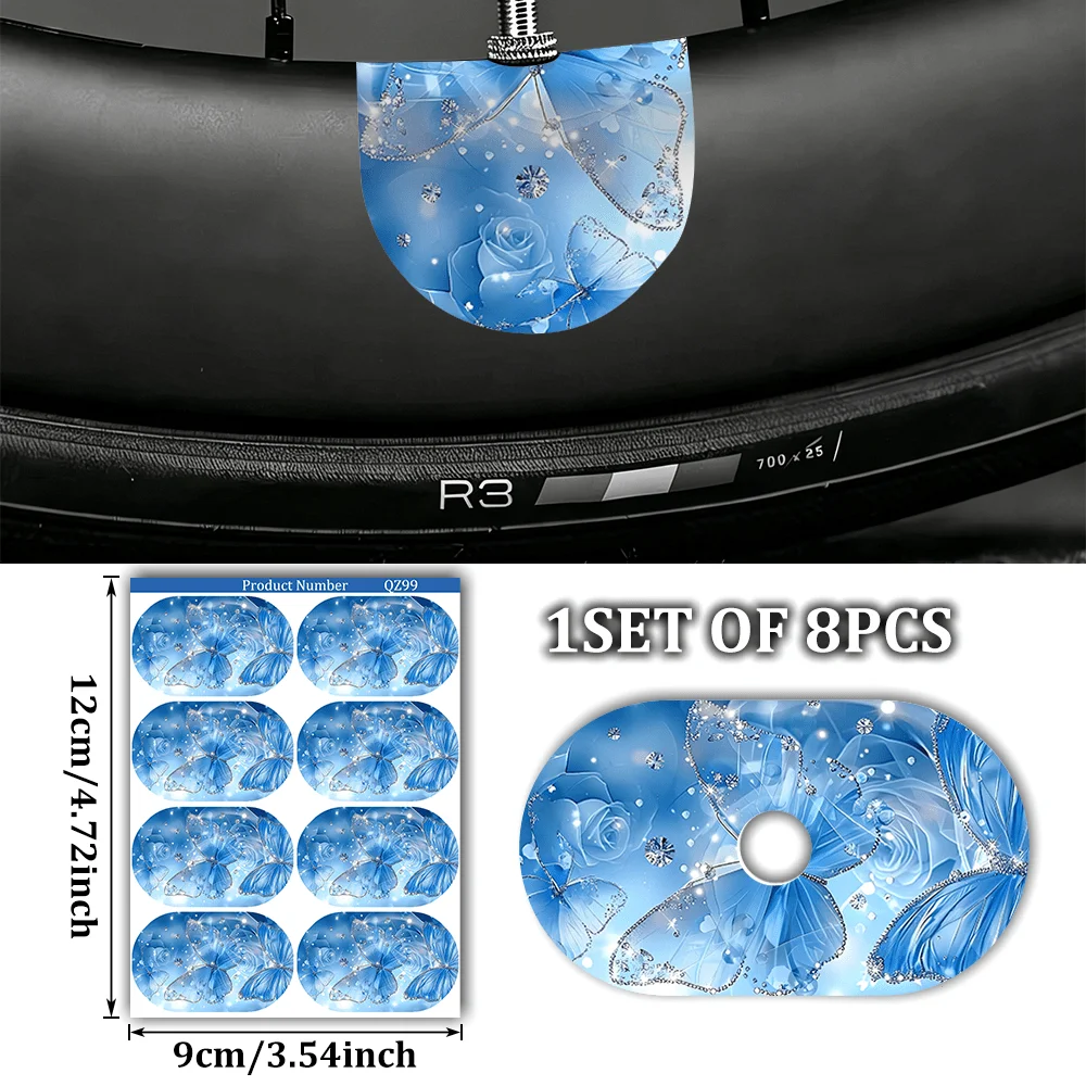 

8Pcs Blue Floral & Butterfly with Diamond Accent Valve Stem Stickers, Waterproof Bike Tire Decals for Wheel Accessories