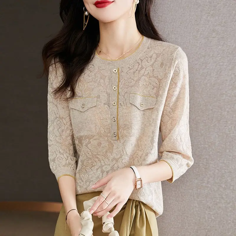 Womens Clothing 2023 Sexy Hollow Chic Elegant Knitwear Spring Summer Female Korean Fashion 3/4 Sleeve Pockets Pullover Knit Tops