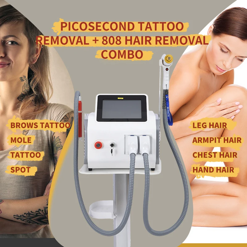 Newest 2 in 1 Q Switch NDYAG 755nm PICO Second Laser Tattoo Removal & 808 Diode Laser Ice Painless Hair Removal Beauty Machine