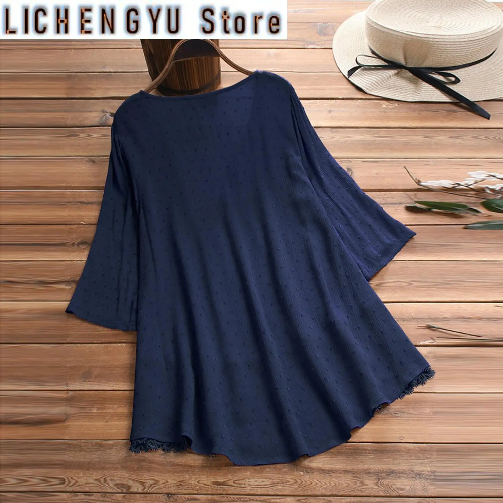 Hot Sale Vintage Three Quarter Lace V Neck Plus Size Top Blouse For Women Summer T Shirt Blouse