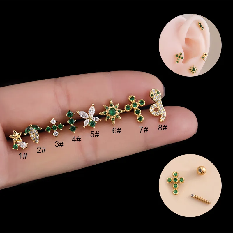 1PcsGreen zircon cross flower snake ear bone nail double head screw screw ball rough rod cartilage piercing ear studs