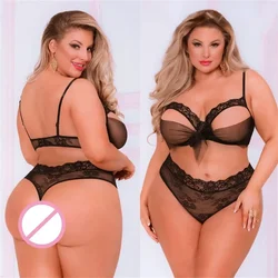 Lingerie Set Sexy Plus Size Half Cup Push Up Bra Tulle See Through Cloth Hollow Out Underwear Women Panties Transparent Briefs