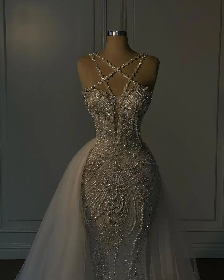 Vestidos de novia de lujo con falda de desmontaje, correa de espagueti, cuentas de piedra de cristal, vestidos de novia de sirena, vestidos de fiesta de boda