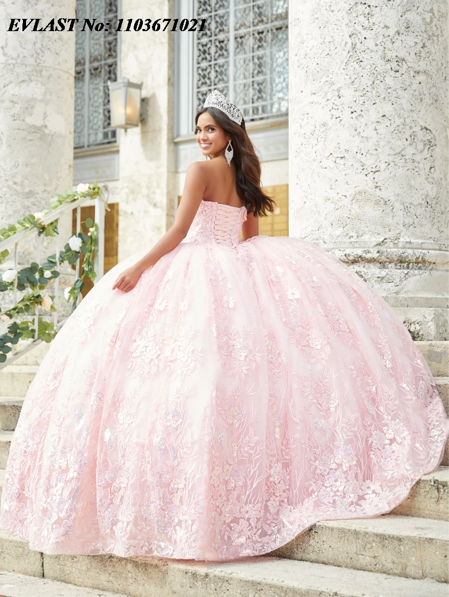 EVLAST Personalizzato Rosa Abito Quinceanera Abito di Sfera Al Largo Della Spalla 3D Applique Floreale Perline Mantello Dolce 16 Abiti De XV Anos SQ334