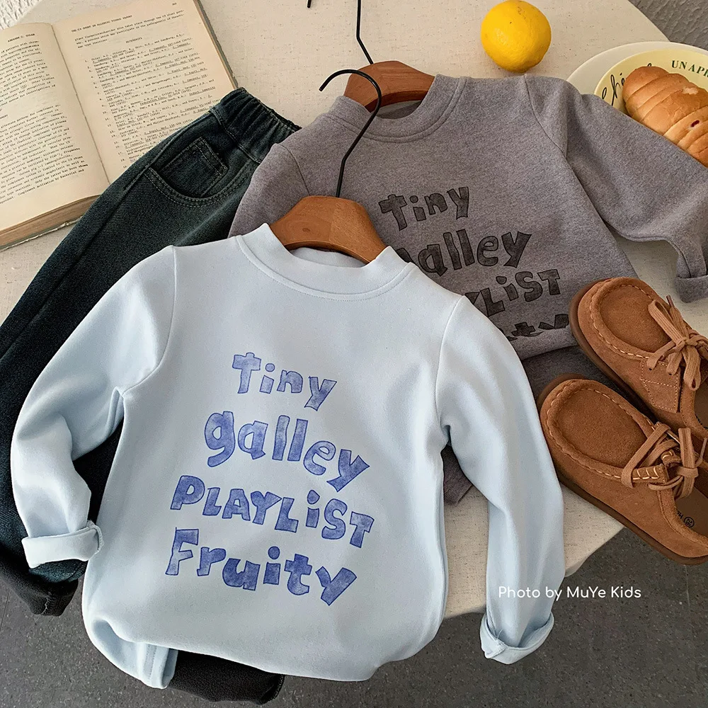 

Новая зимняя футболка для маленьких мальчиков с буквенным принтом, рубашка для маленьких мальчиков, топы с круглым вырезом, универсальные утепленные детские пуловеры для мальчиков