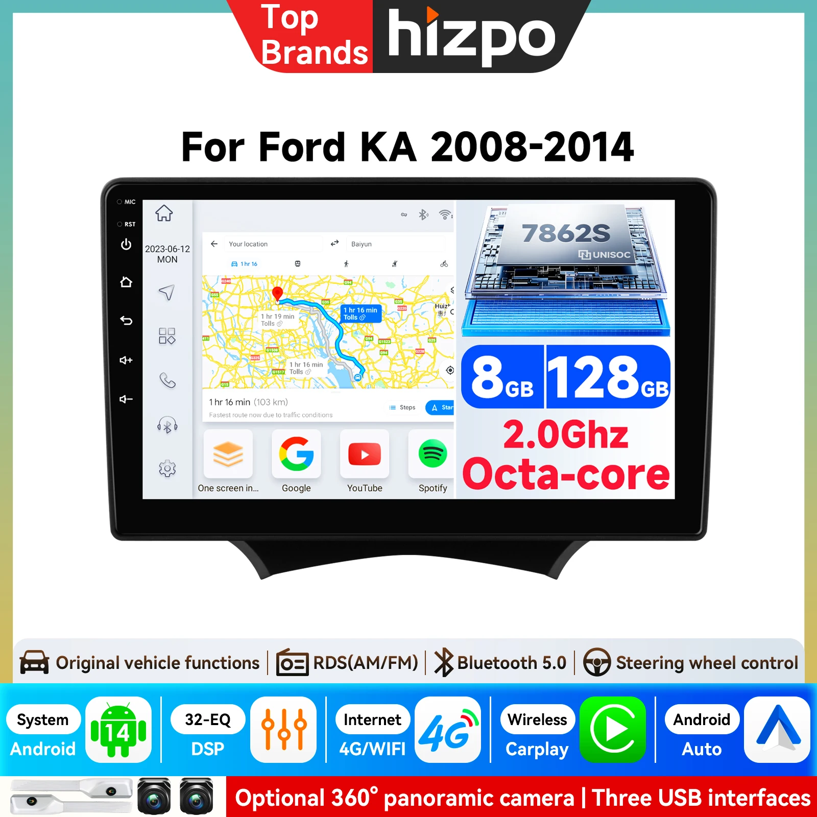 Auto-Stereo-Navigation für Ford Ka K2 2008-2014, kabelloses CarPlay, Touchscreen, GPS, Video-Multimedia-Player, Android Auto Head Unit, kabelloses Apple CarPlay, intelligente Systeme, IPS-Touchscreen,