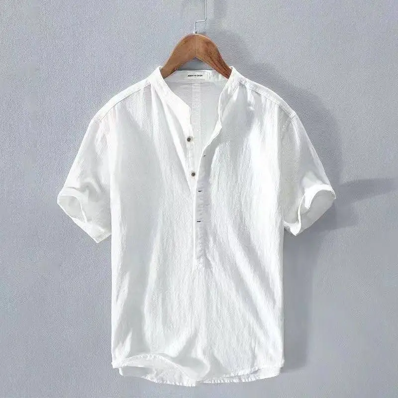 Camiseta de Manga Corta de Algodón y Lino de Alta Gama, Talla Grande, Estilo Chino Retro, Cuello Mao, Blusa Holgada para Hombres de Mediana Edad y Mayores