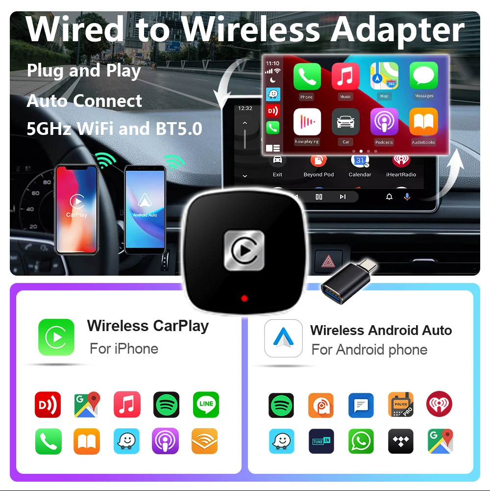 New 2-In-1 Wired To Wireless Carplay Android Car Adapter Car Mini Smart Converter Box for Honda Toyota Nissan Bmw Plug and Play