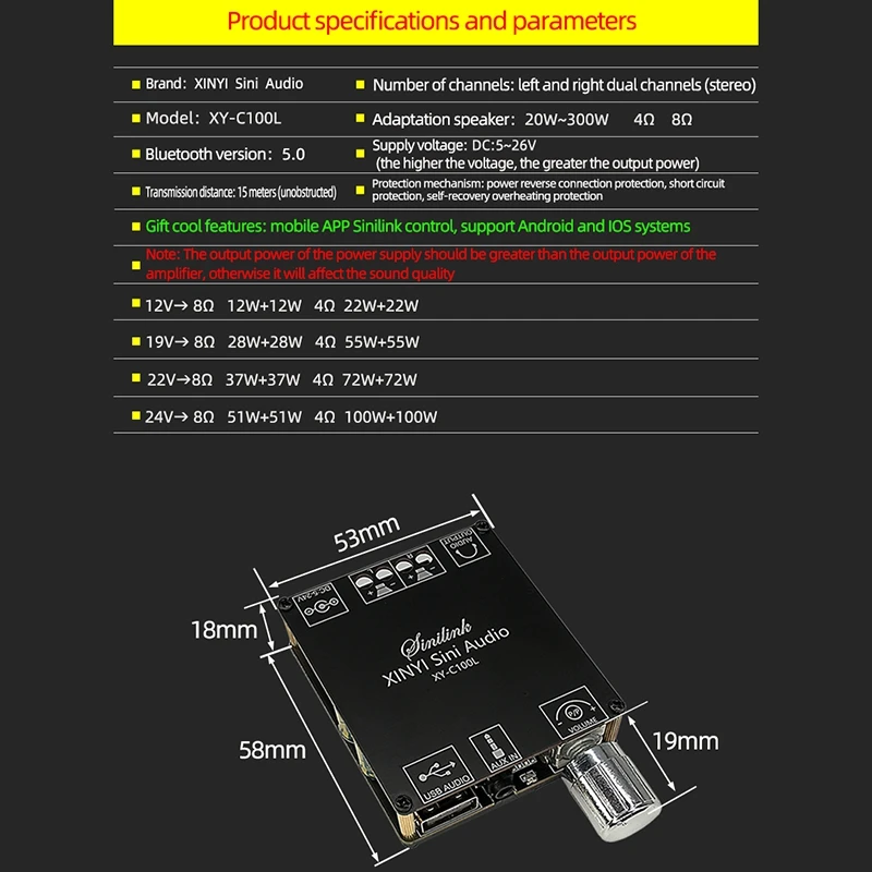 Placa amplificadora estéreo Digital de alta potencia, Amplificador de cine en casa, HIFI, 100WX2, Bluetooth 5,0, AUX, USB, XY-C100L