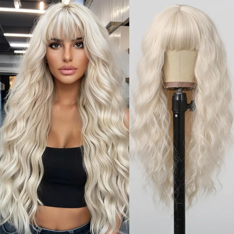 طويل البلاتين شقراء مجعد بيروكات صناعية مع الانفجارات للنساء والفتيات ألياف مقاومة للحرارة متموجة الأبيض قطع الشعر للحزب D #1