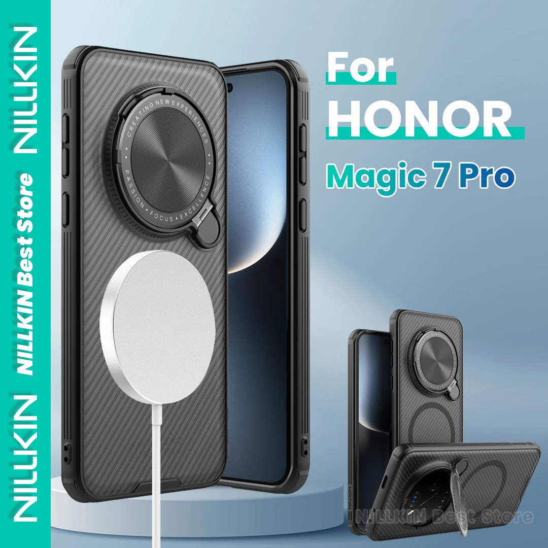 

Чехол Nillkin для Honor Magic 7 Pro, крышка объектива камеры, подставка для включения/выключения, магнитный прозрачный черный, 360, полное покрытие, жесткий чехол Magsafe