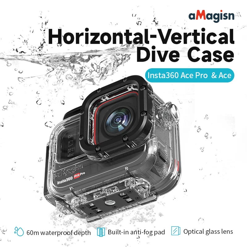 Horizontal-Vertical Dive Case for Insta360 Ace Pro Waterproof Housings Cage Built-in Anti-fog Pad Camera Connected Frame Kit