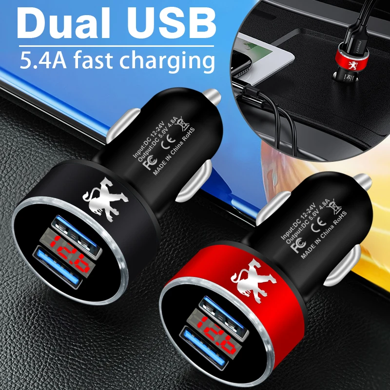 

Car Charger 2 USB Ports Fast Charging Digital Display Car Accessories For Peugeot 206 207 307 3008 2008 308 407 408 508 301 208