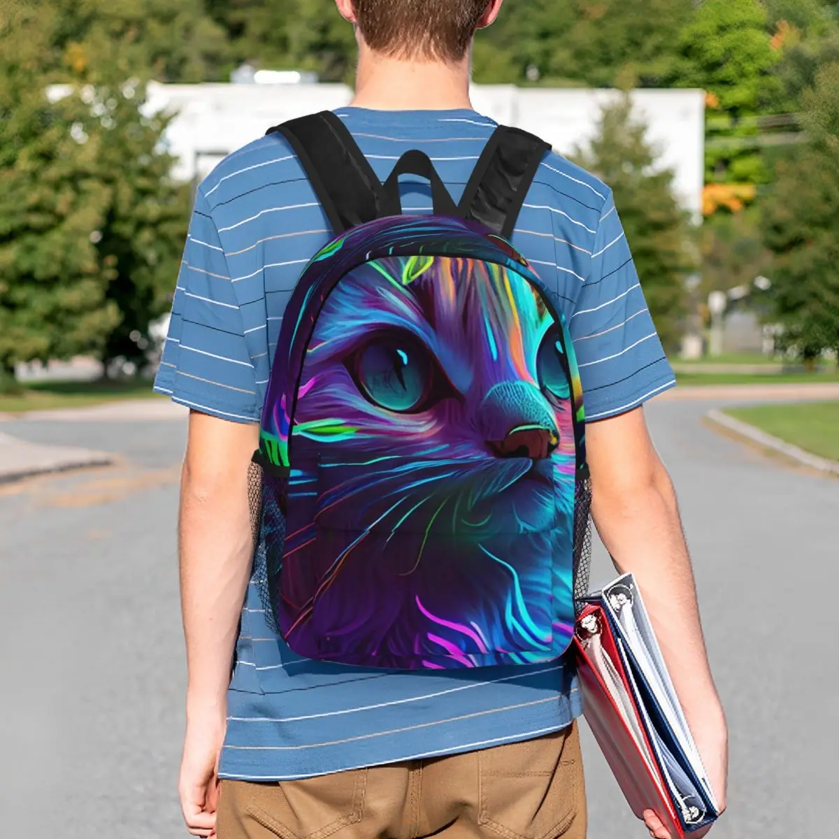 Neon Glowing Rainbow Cat Kitten Backpack Student BookBag Kids School Bag Computer Shoulder Bags for Boys Girls