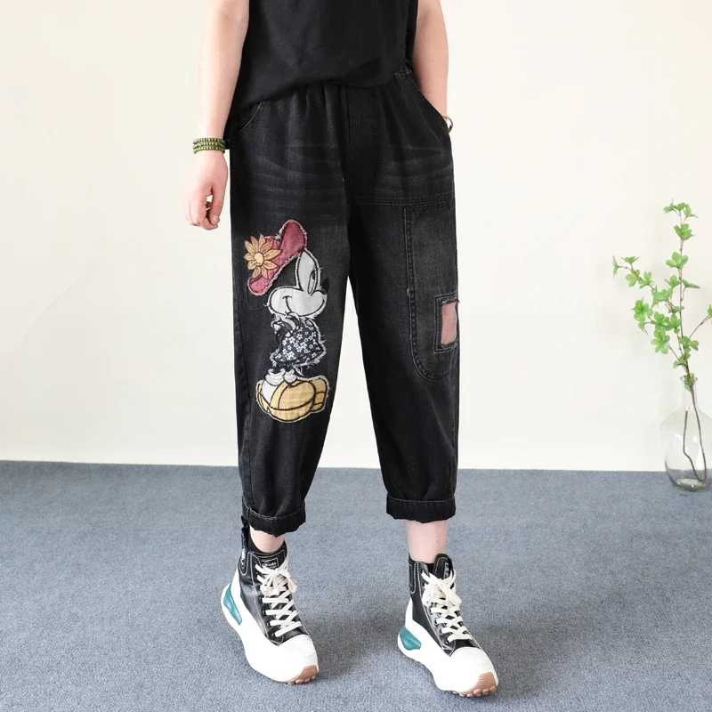 Potde miel 2024 Sommer dünne Cartoon Patch bestickte kurze Jeans Damen lose Taschen Harems hose knöchel gebundene Jeans lange Hose