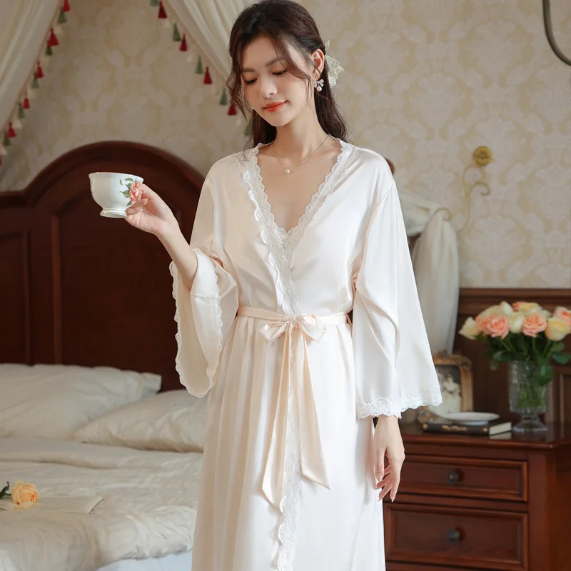 

Женская шелковая ночная сорочка с длинным рукавом, шелковая пижама с подушечками для груди, домашний комплект для осени и зимы