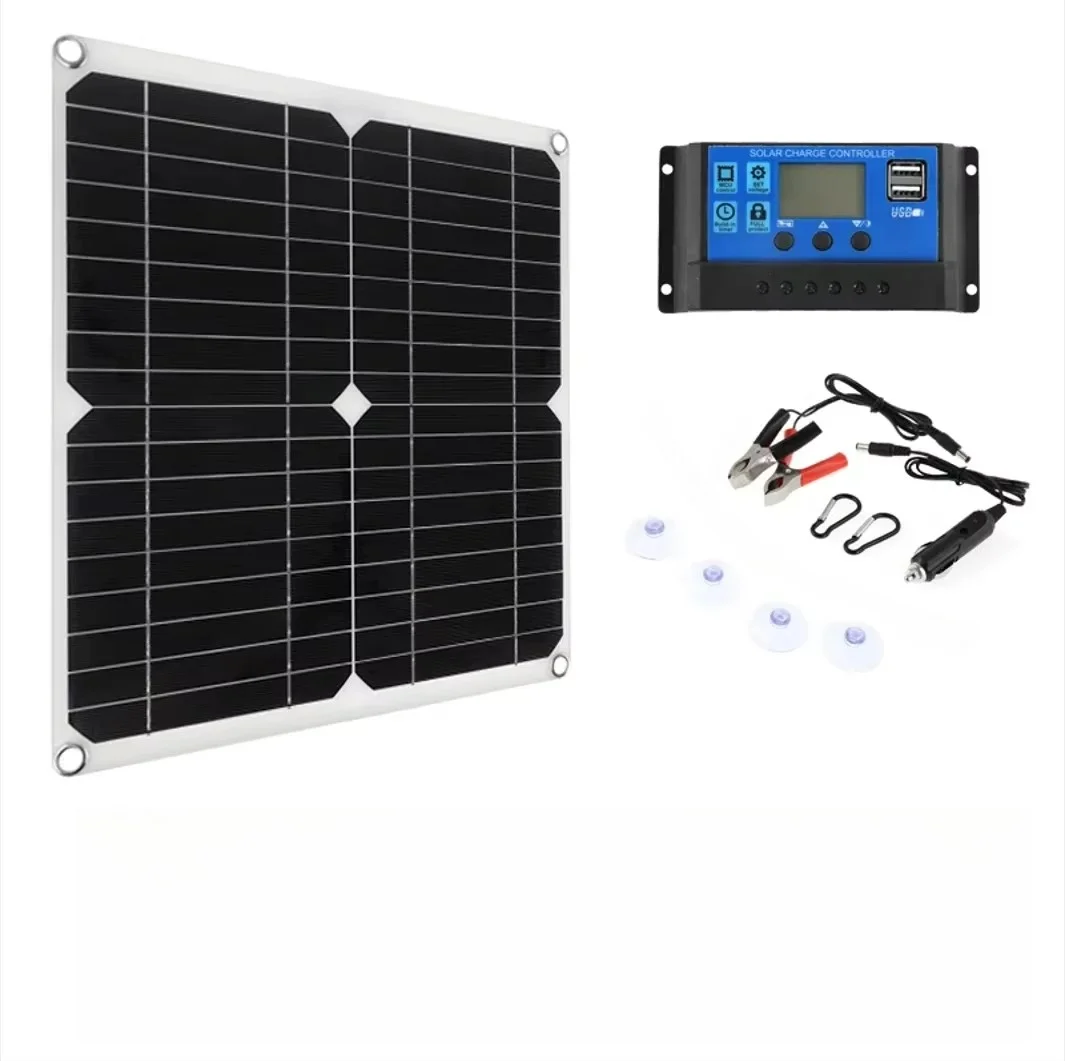 12V Solarpanel-Kit mit 60A-Controller DC18V tragbares Ladegerät für Bankbatterie, Camping, Auto, Boot, Wohnmobil, Plattenplatten, USB