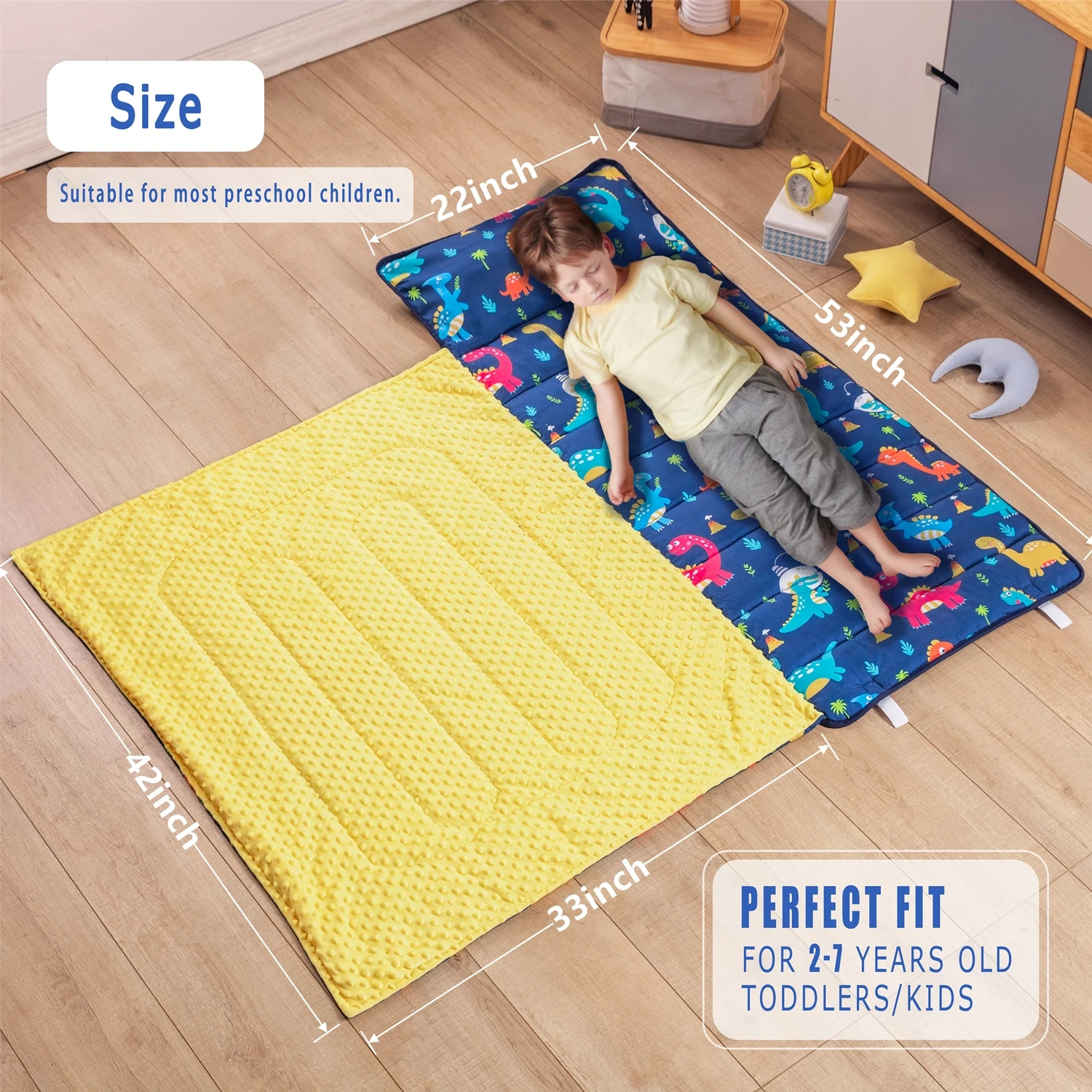 Toddler nap mat with Removable Pillow and Fleece Blanket for Boys and Girls Dinosaur Thickened nap mats for Preschool Daycare