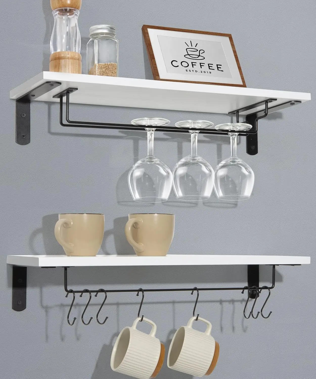 

20 Inch Floating Shelves with Hooks, Set of 2 for Mugs and Glasses, Wall Mounted Coffee Bar Organizer