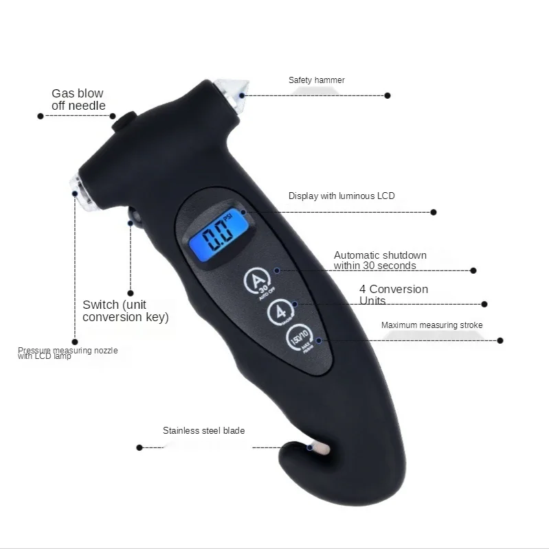 

Высокоточный 5-в-1 многофункциональный цифровой дисплей манометр для автомобильных шин автомобильный безопасный молоток манометр для шин