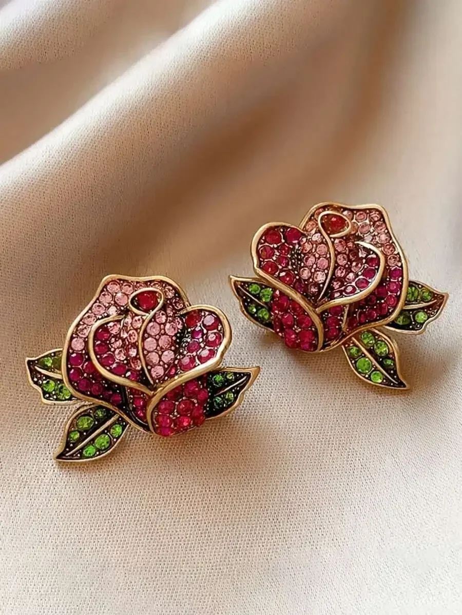 

Vintage Rhinestone Rose Flower Stud Earrings For Women
