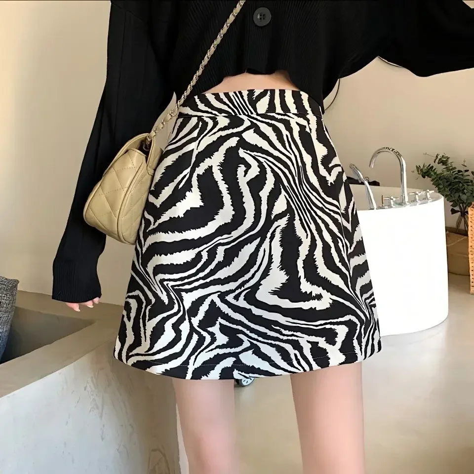 2025 Korean Zebra Print Midi Skirt Women Autumn New Female A-line High Waist Loose Skirts Vintage Mini Skirt