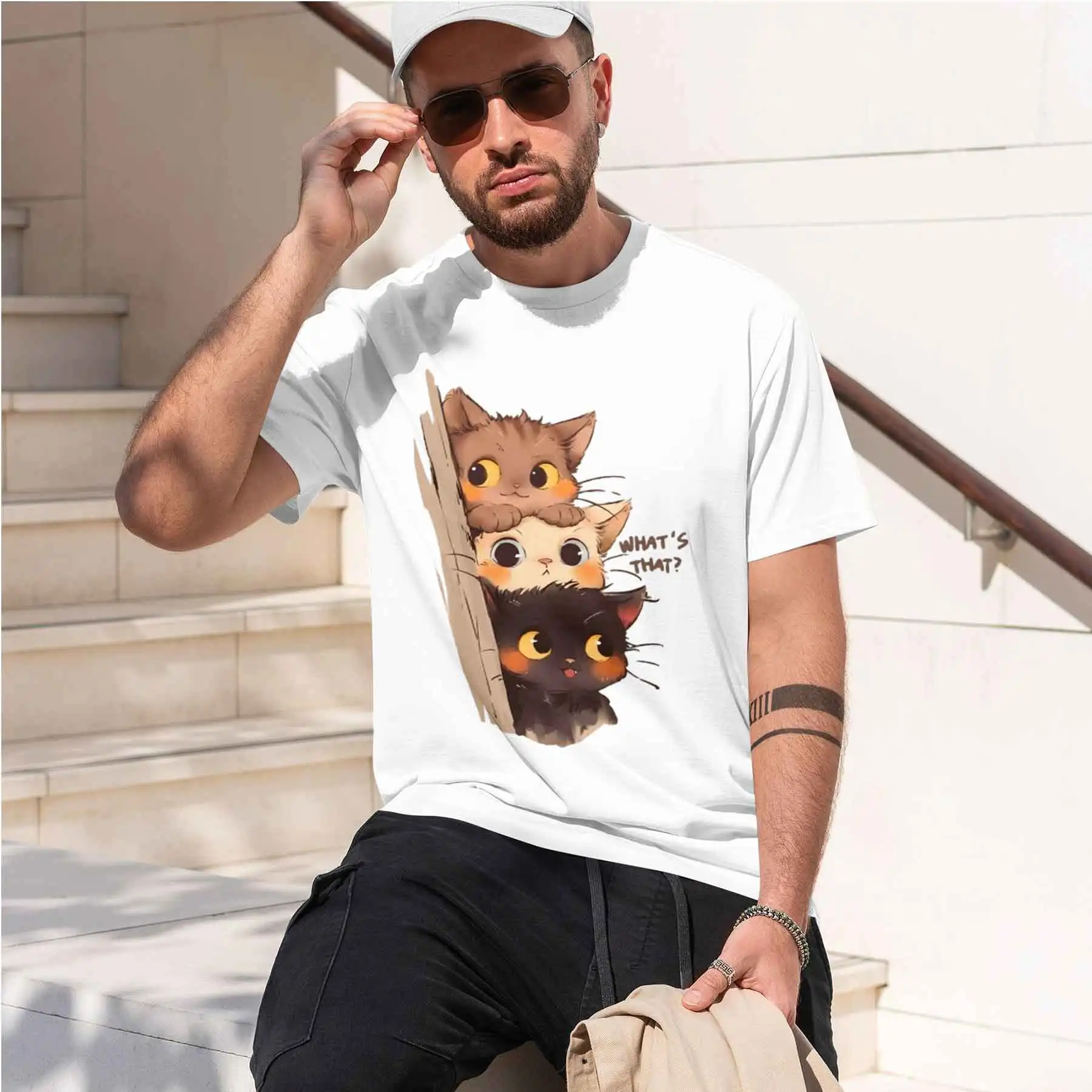 new printed T-shirt printed with  Men's Fun Stacked Cats Print T-shirt Casual Loose Crew Neck Daily Commute Short Sleeve Top