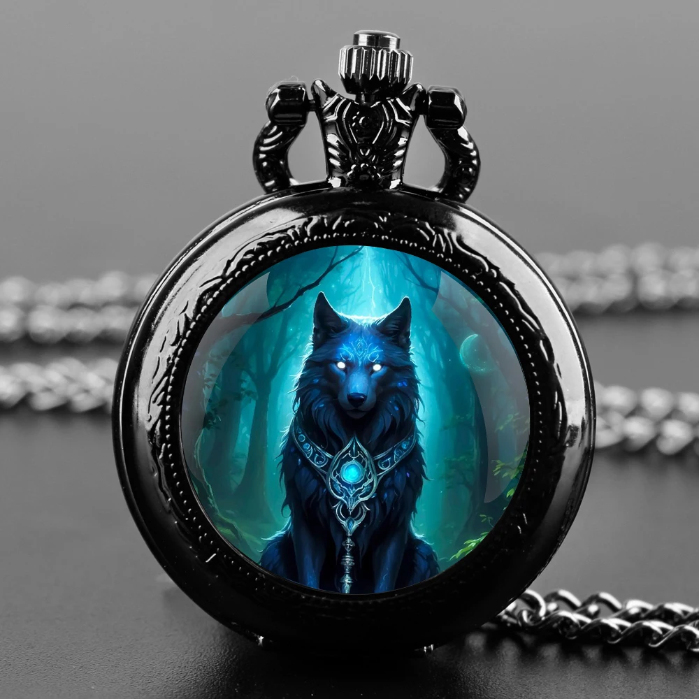 Exquisite Sacred Beast Wolf Glass Dome Quartz Pocket Watch Necklace Pendant Gifts For Women Man with Fob Chain