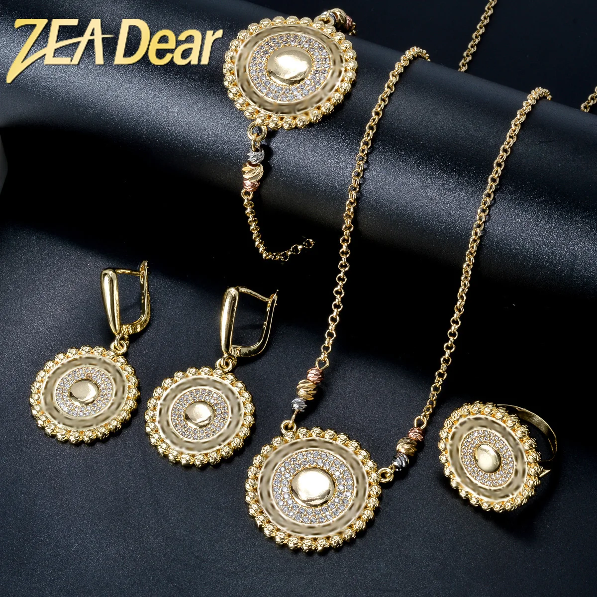 ZEADear Wedding Jewelry Sets Gold Color Round Disc Pendant Necklace Bracelets Earring Rings 2024 New Statement Party Gifts Women