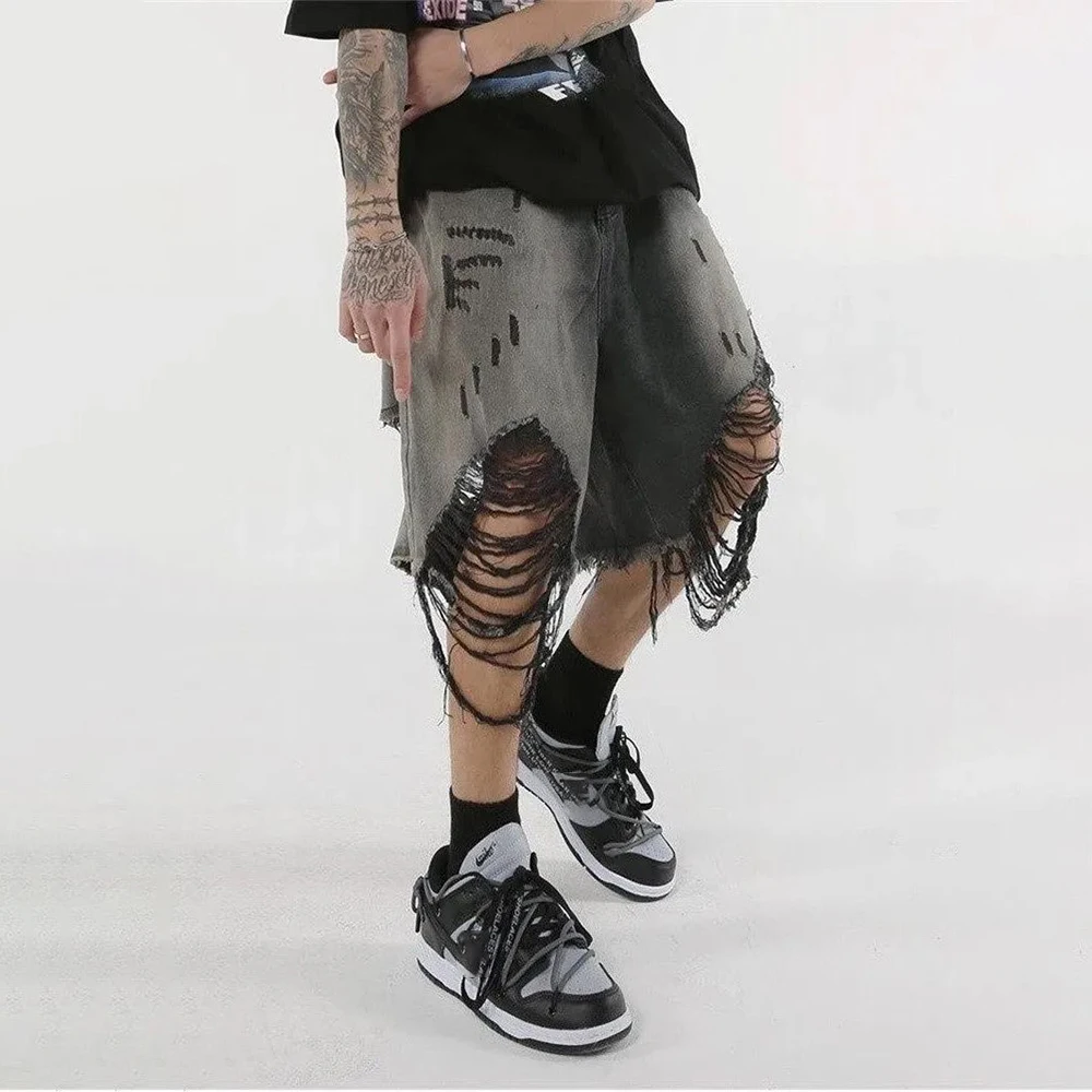 High Street Loose Washed Old Ripped Shorts American Retro Shorts Summer Street Y2K Hip Hop Tassel Wide Leg Casual Denim Shorts