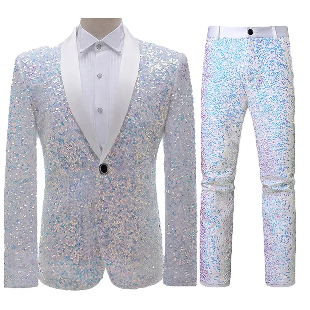 

Luxury Men's Sequins Suit Glitter 2 Piece Blazer And Pants Set Nightclub Bar Male Singer Stage Performance Festival Party Tuxedo