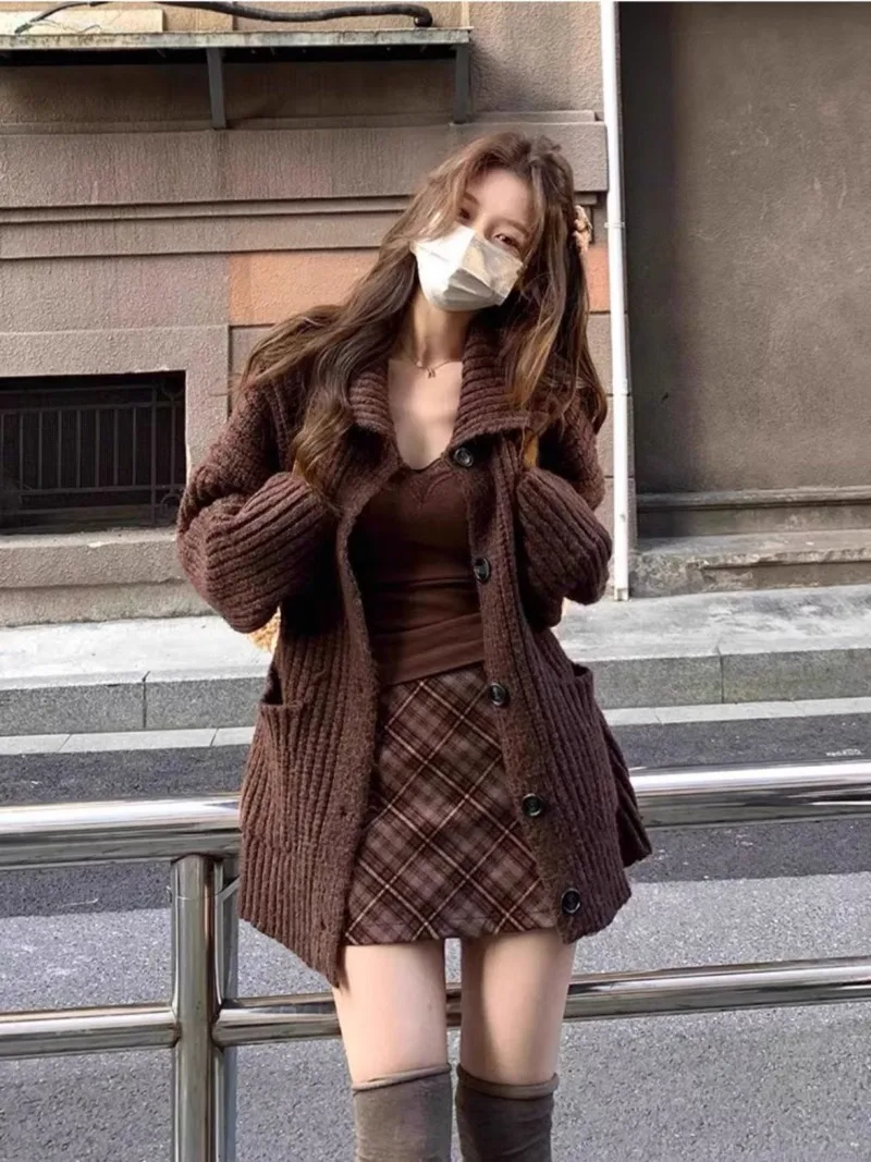 Fashion Autumn and Winter Lazy Style Cardigan Sweater Plaid Half Skirt High-end Two-piece Set Female Clothing