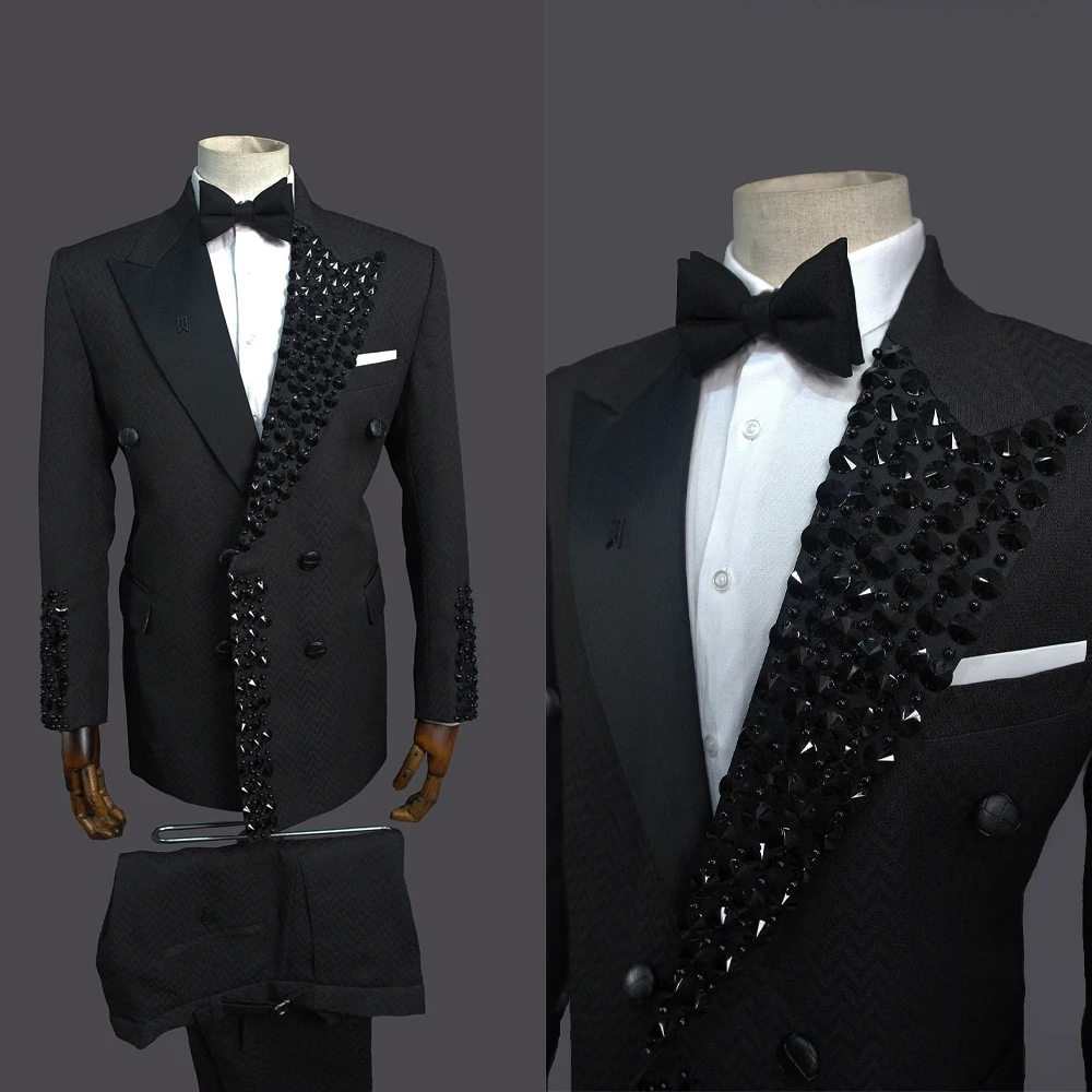 Luxury Beaded Black Men's Suit Double Breasted Blazer Party Prom Customized Formal Tuxedo M267187