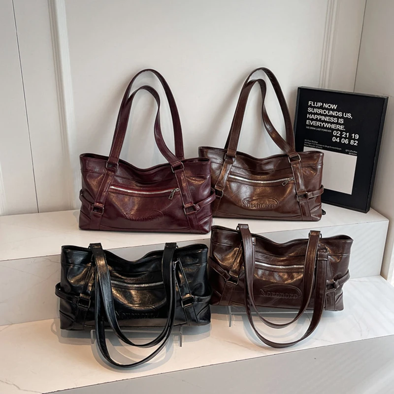 

Autumn Winter Women Rectangular Tote Bag Synthetic Leather Large Capacity Handbags American Retro Luxury Design Shoulder Bags