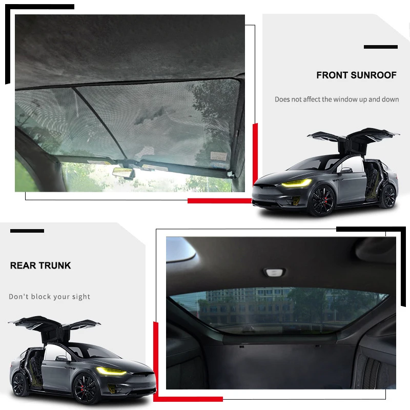 For Tesla Model X 2024 Head Front Glass Roof Sunshades Sun Shades UV Protection Skylight Cover Sunroof Curtain Mesh Sun Visor