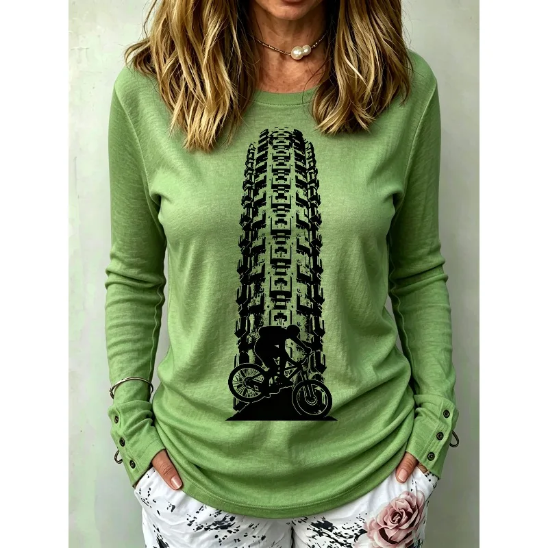 ilstile Women's Cycling Print T-Shirts Autumn Long Sleeve Slim Fit T Shirt Casual Round Neck Tops Tees Green New Arrival