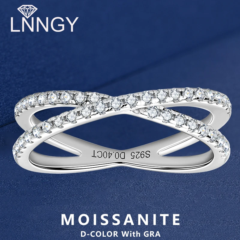 Lnngy 925 Sterling Silver Wedding Ring Pave Setting Round Cut 1.3mm Moissanite Cross Half Eternity Band for Women Party Jewelry