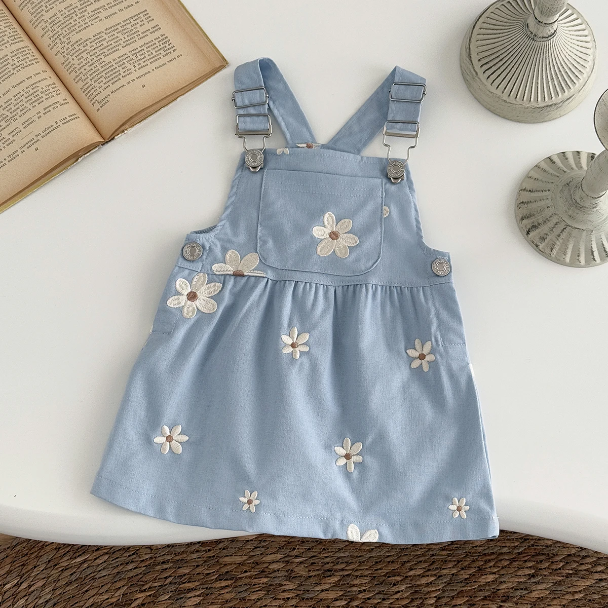 Toddler Infant Girls Denim Dresses Flowers Embroidery Strap Knee-Length Kids' Dresses One-piece 0-3 Years Overall Girl Clothes
