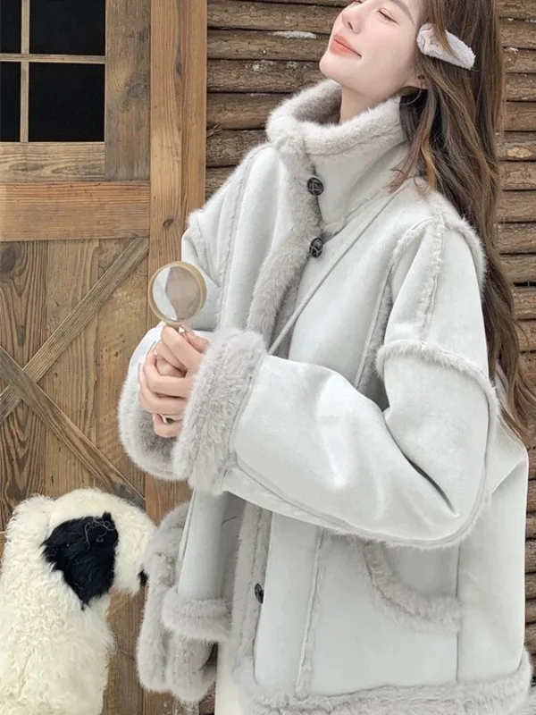 Coreano Sle Thiened Pelle scamosciata Jaet Donna Loose Fit Pelliccia Pelle Inteata Autunno Inverno Nuovo arrivo ort Capispalla