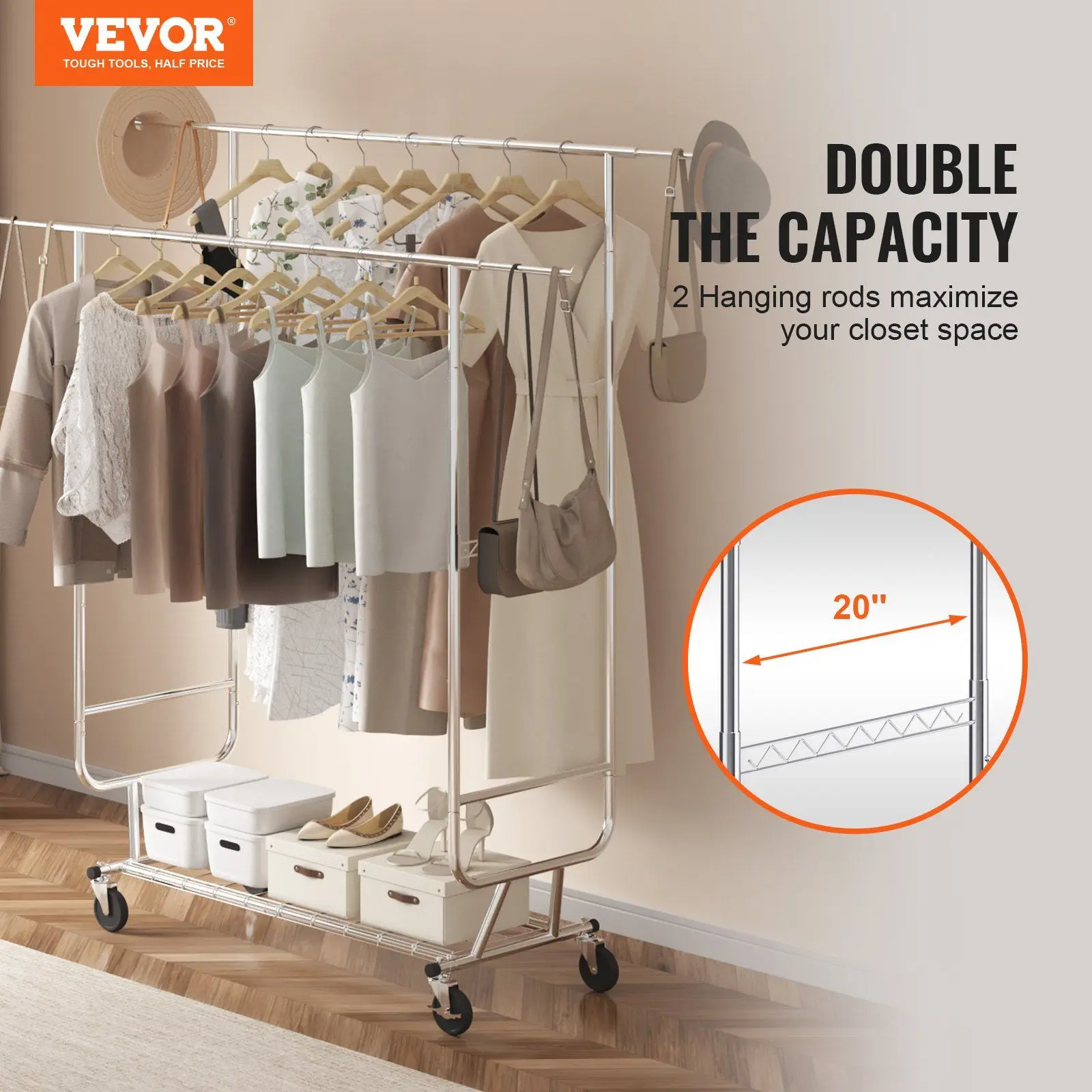 NEW Heavy Duty Clothes Rack, Double Hanging Rod Clothing Garment Rack for Hanging Clothes