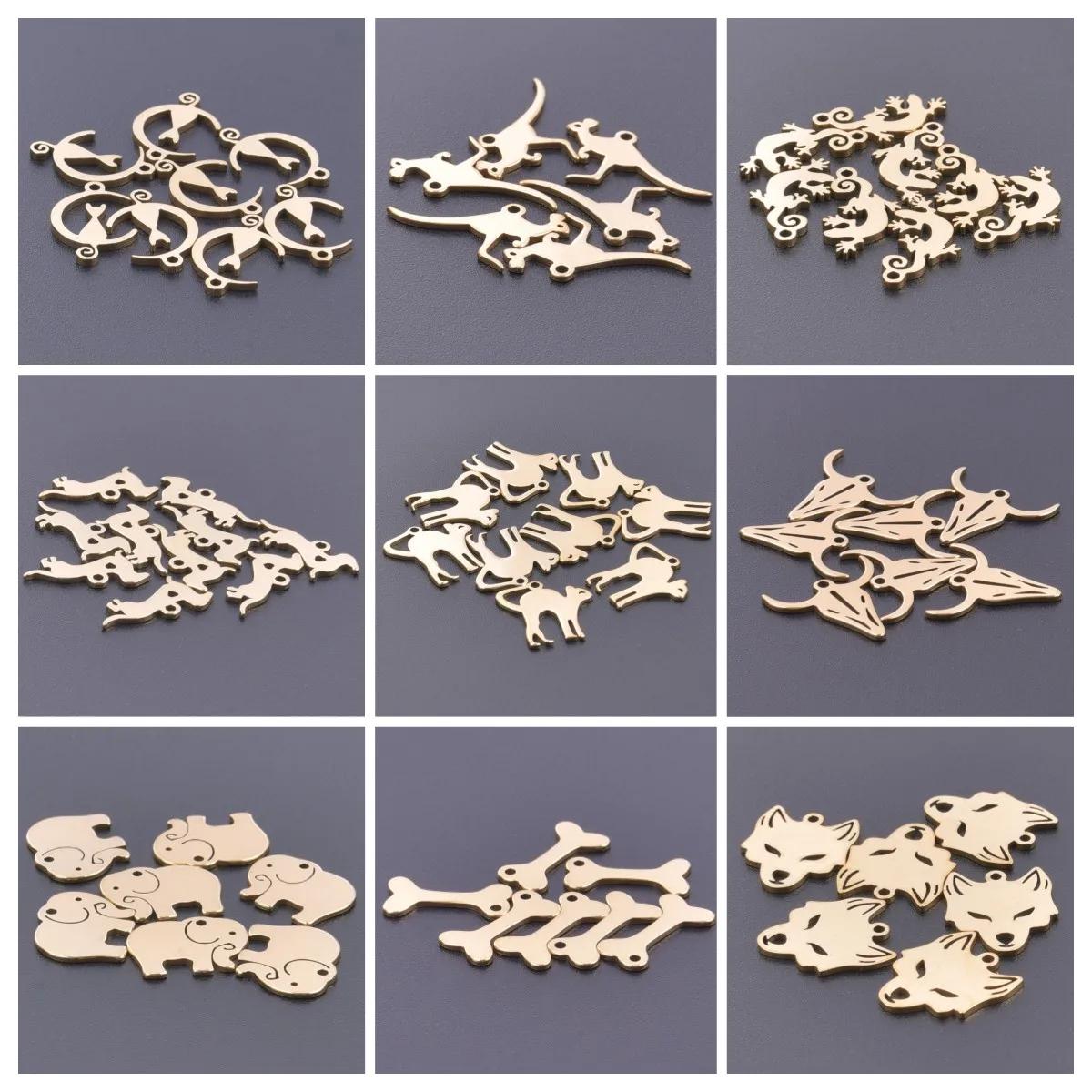 20pcs Gold Color Dog Cat Fox Charm for Jewelry Making Stainless Steel Elephant Cow Lizard Kangaroo Pendant DIY Earrings Finding