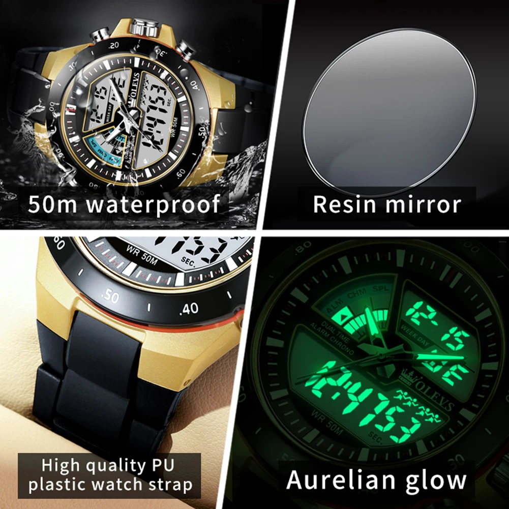 OLEVS 1110 Fashion Men Sports Electronic Watch 2023 New Dual Display LED Waterproof G Luminous Vibration Clock Mens Watches