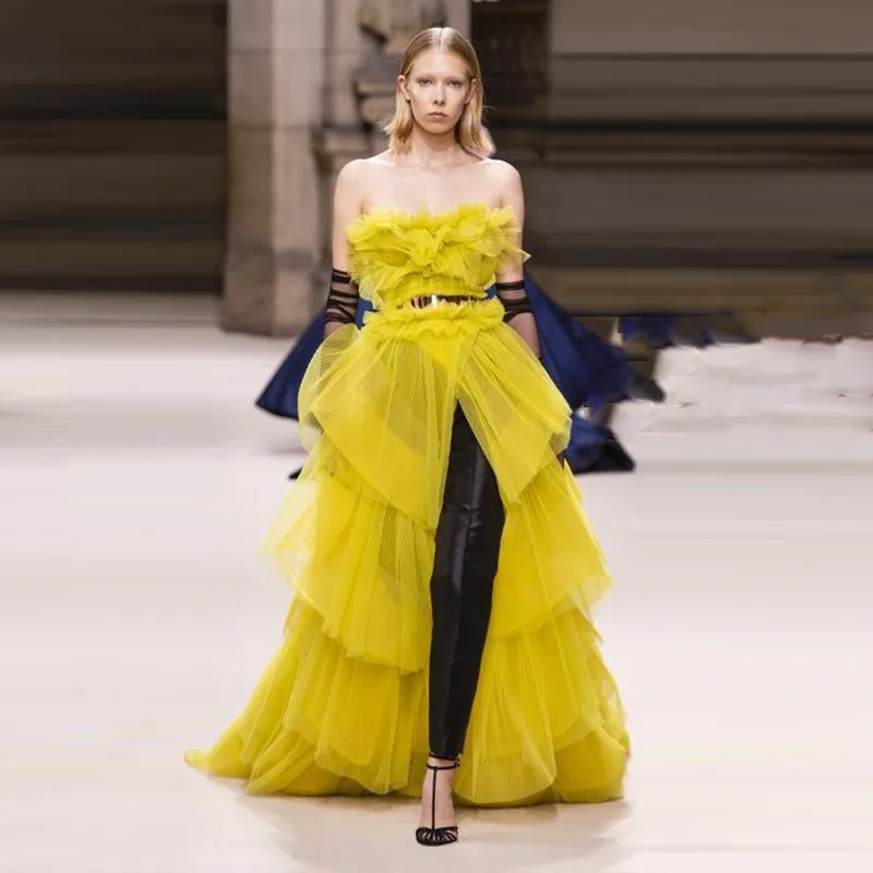 Lemon Yellow Women Dress A Line Strapless Side Split Party Gowns Ruffled New Couture Long Tierred Prom Gowns Off Shoulder