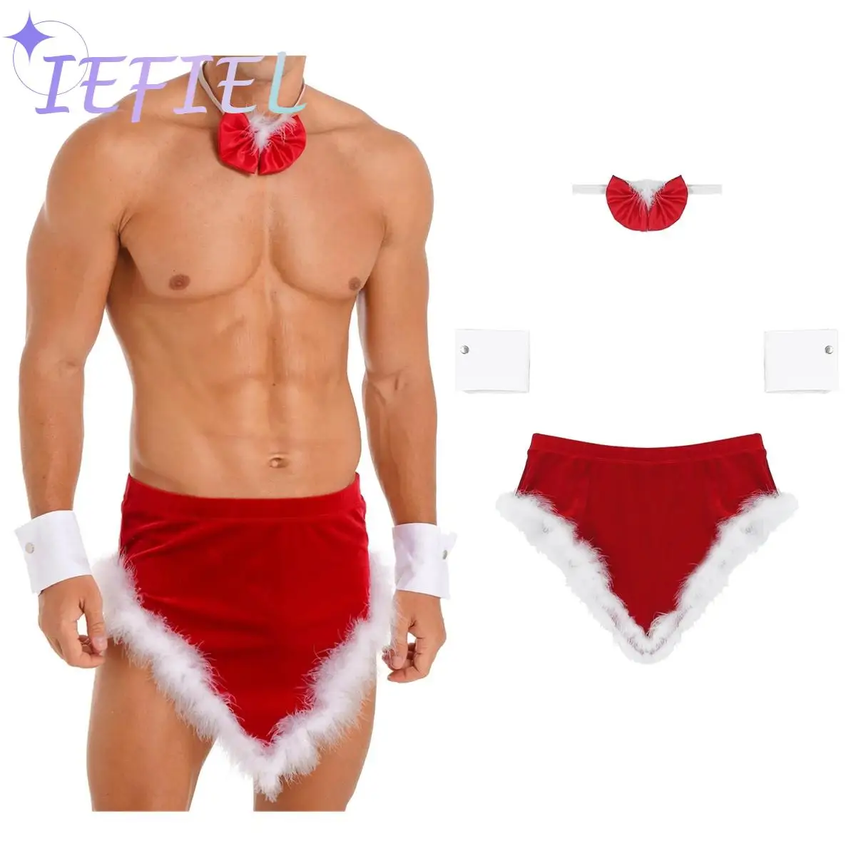 Mens Xmas Party Club Wear Stage Costume Christmas Theme Role Play Outfit Nightwear Feather Trim Velvet Skirt with Bow Tie Cuffs